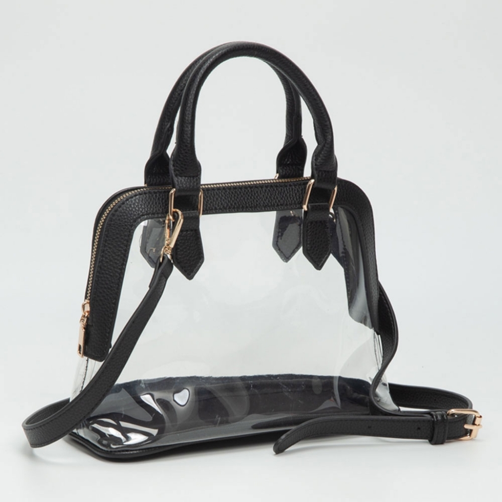 Black Structured Transparent Clear Handbag Crossbody Bag Purse Leather